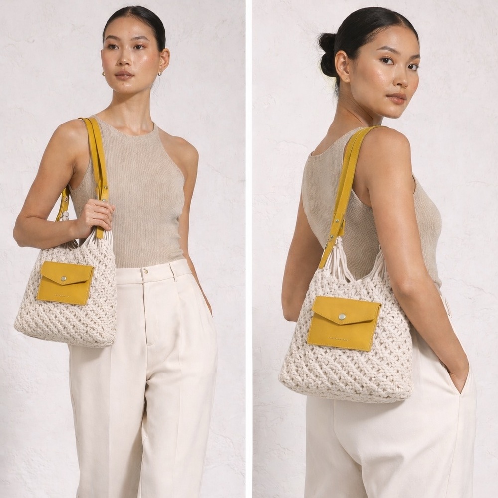 Craie Studio | Sunflower Yellow Leather & White Macrame-Cotton Blend Weave Bag